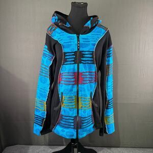 Ark Imports Hoodie Women’s XXL Made in Nepal Boho Jacket Full Zip Blue Black